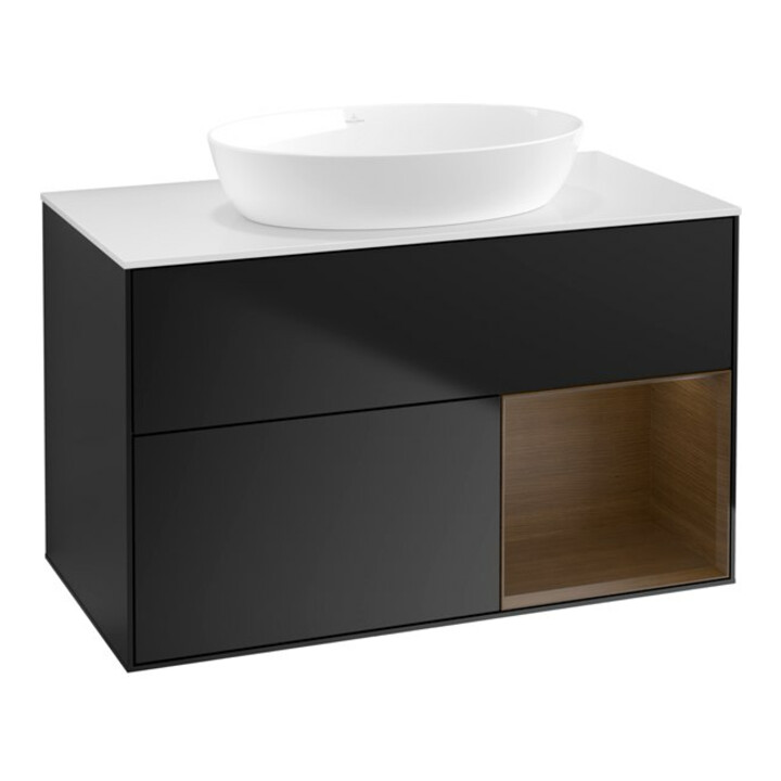 V&B Meuble sous lavabo Finion 100, blanc mat, étagère noyer verni, bleu mat Lac