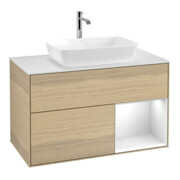 V&B Meuble sous lavabo Finion 100, blanc mat, étagère verre blanc laqué, poignée ven