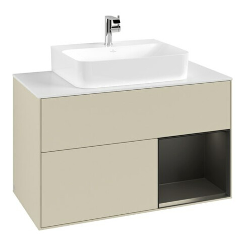 V&B Meuble sous lavabo Finion 100, blanc mat, façade bleu mat laqué, poignée gris mat laqué