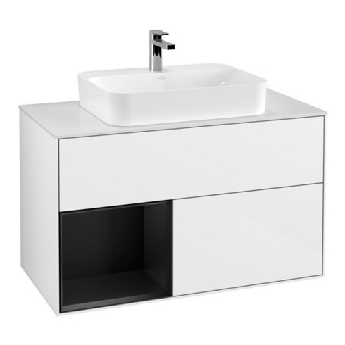 V&B Meuble sous-lavabo Finion 100, blanc mat, façade laquée bleue, brillant blanc lacqué