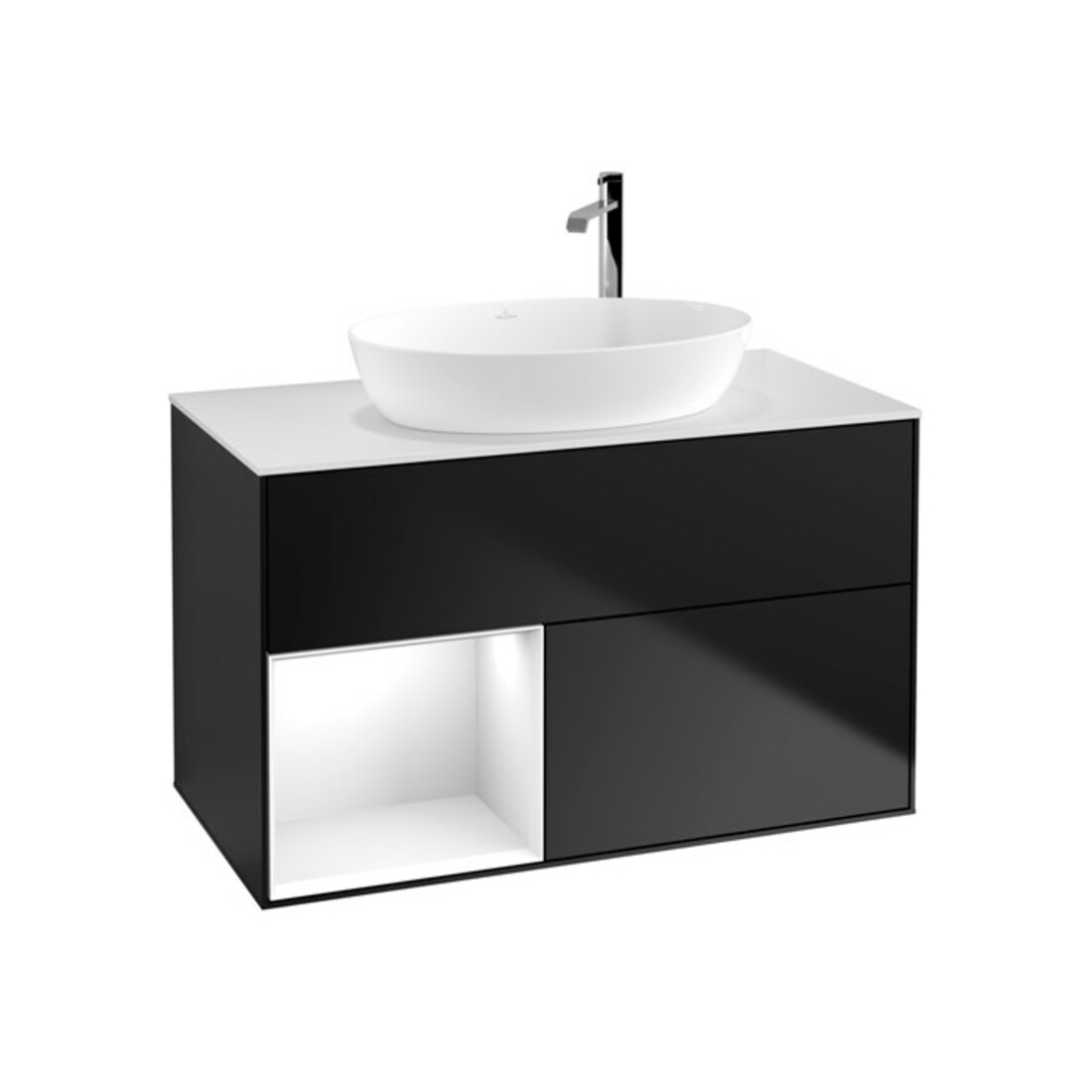 V&B Meuble sous lavabo Finion 100, blanc mat, façade laquée brillante, bleu mat laqué