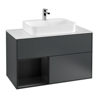 V&B Meuble sous lavabo Finion 100, blanc mat, façade laquée, milieu bleu mat, laqué