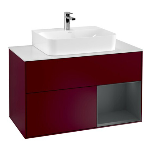 V&B Meuble sous lavabo Finion 100, blanc mat, façade médiane bleue mate, laqué, poignée mate