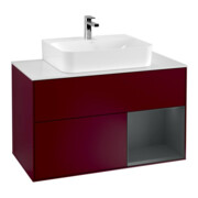 V&B Meuble sous lavabo Finion 100, blanc mat, façade médiane bleue mate, laqué, poignée mate