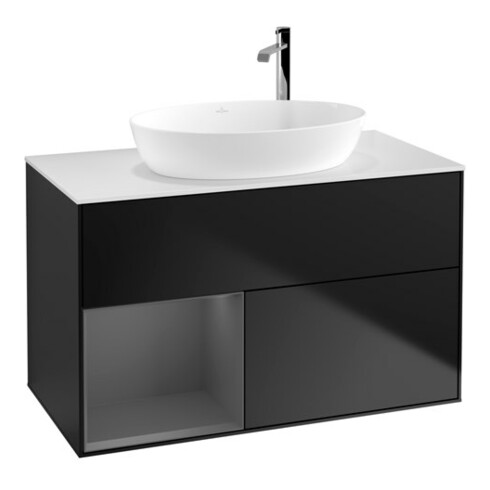 V&B Meuble sous lavabo Finion 100, blanc mat, face A mat laqué, bleu mat laqué