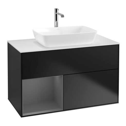 V&B Meuble sous lavabo Finion 100, blanc mat, face A mat laqué, bleu mat laqué