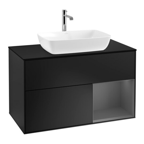 V&B Meuble sous lavabo Finion 100, blanc mat, face A mat laqué, bleu mat laqué