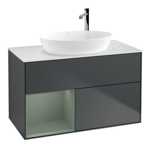 V&B Meuble sous lavabo Finion 100, blanc mat, face olivier mat laqué, côtés bleu mat laqué