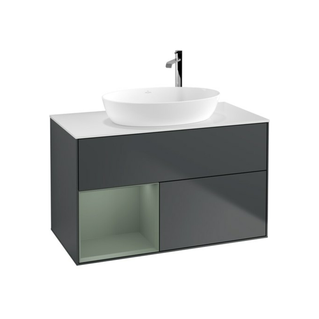 V&B Meuble sous lavabo Finion 100, blanc mat, face olivier mat laqué, côtés bleu mat laqué