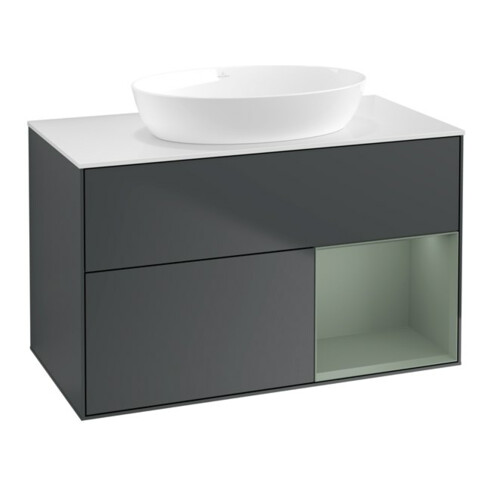 V&B Meuble sous lavabo Finion 100, blanc mat, face olivier mat laqué, côtés bleu mat laqué