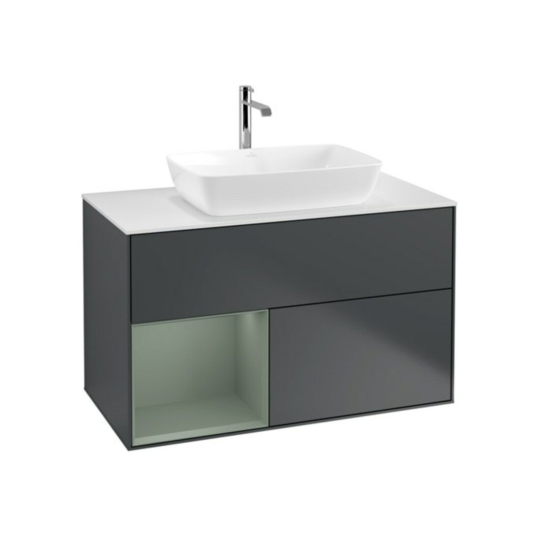 V&B Meuble sous lavabo Finion 100, blanc mat, face olivier mat laqué, côtés bleu mat laqué