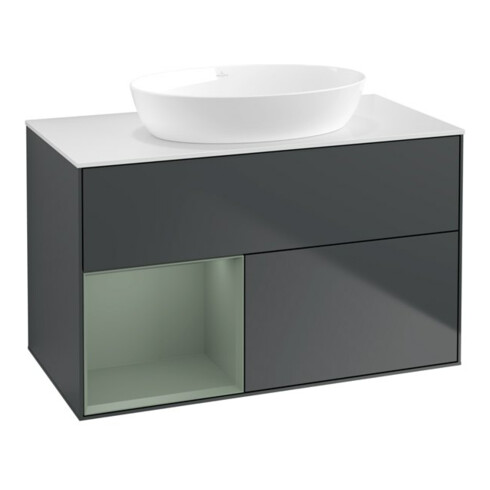 V&B Meuble sous lavabo Finion 100, blanc mat, face olivier mat laqué, côtés bleu mat laqué