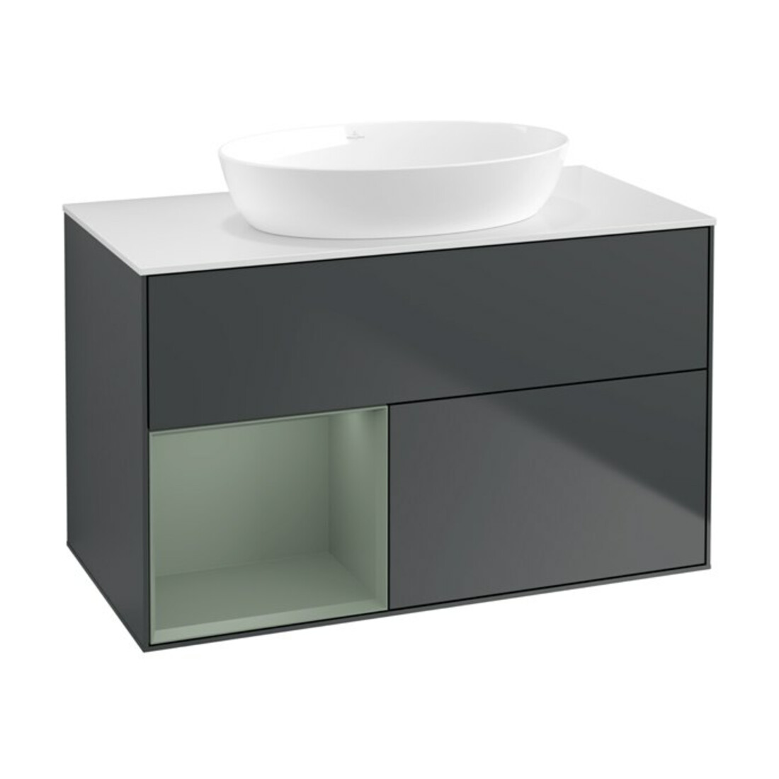 V&B Meuble sous lavabo Finion 100, blanc mat, face olivier mat laqué, côtés bleu mat laqué