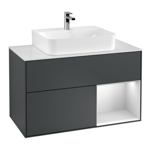 V&B Meuble sous lavabo Finion 100, blanc mat, laqué brillant, avec miroir laqué