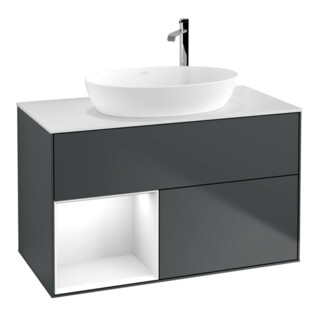 V&B Meuble sous lavabo Finion 100, blanc mat, laqué gris, avec façade bleue laquée
