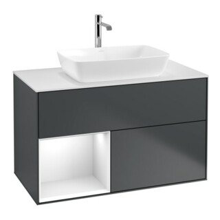 V&B Meuble sous lavabo Finion 100, blanc mat, laqué gris, avec façade bleue laquée