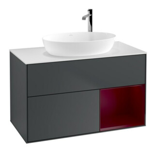 V&B Meuble sous lavabo Finion 100, blanc mat, laqué, miroir blanc mat laqué