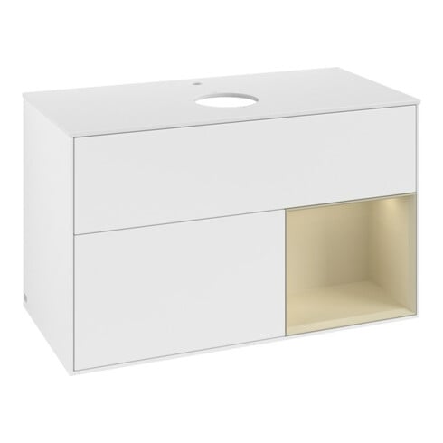 V&B Meuble sous lavabo Finion 100, blanc mat, miroir argenté mat laqué