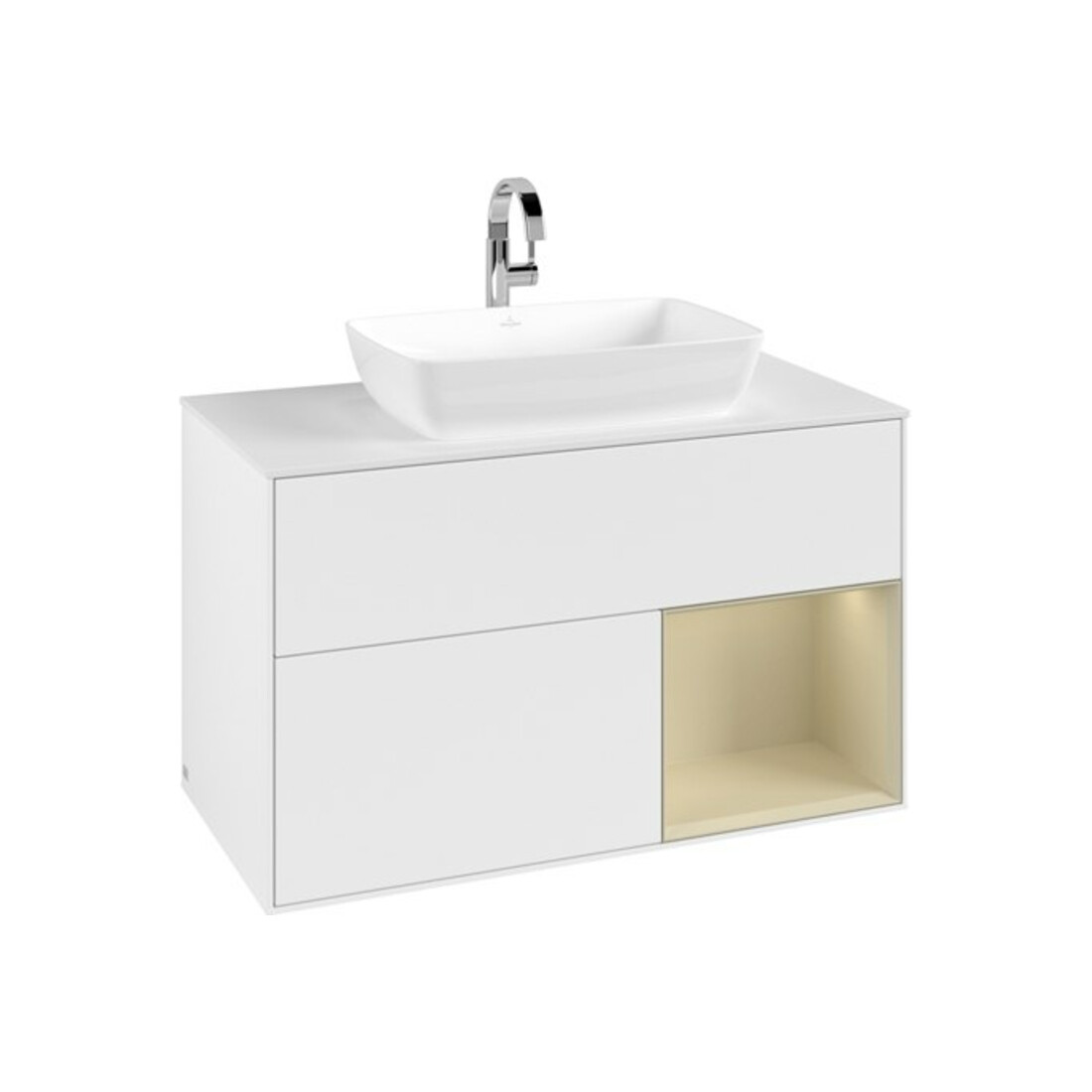 V&B Meuble sous lavabo Finion 100, blanc mat, miroir argenté mat laqué