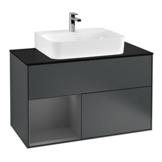 V&B Meuble sous lavabo Finion 100, blanc mat, poignée alu mat, miroir bleu mat Lac