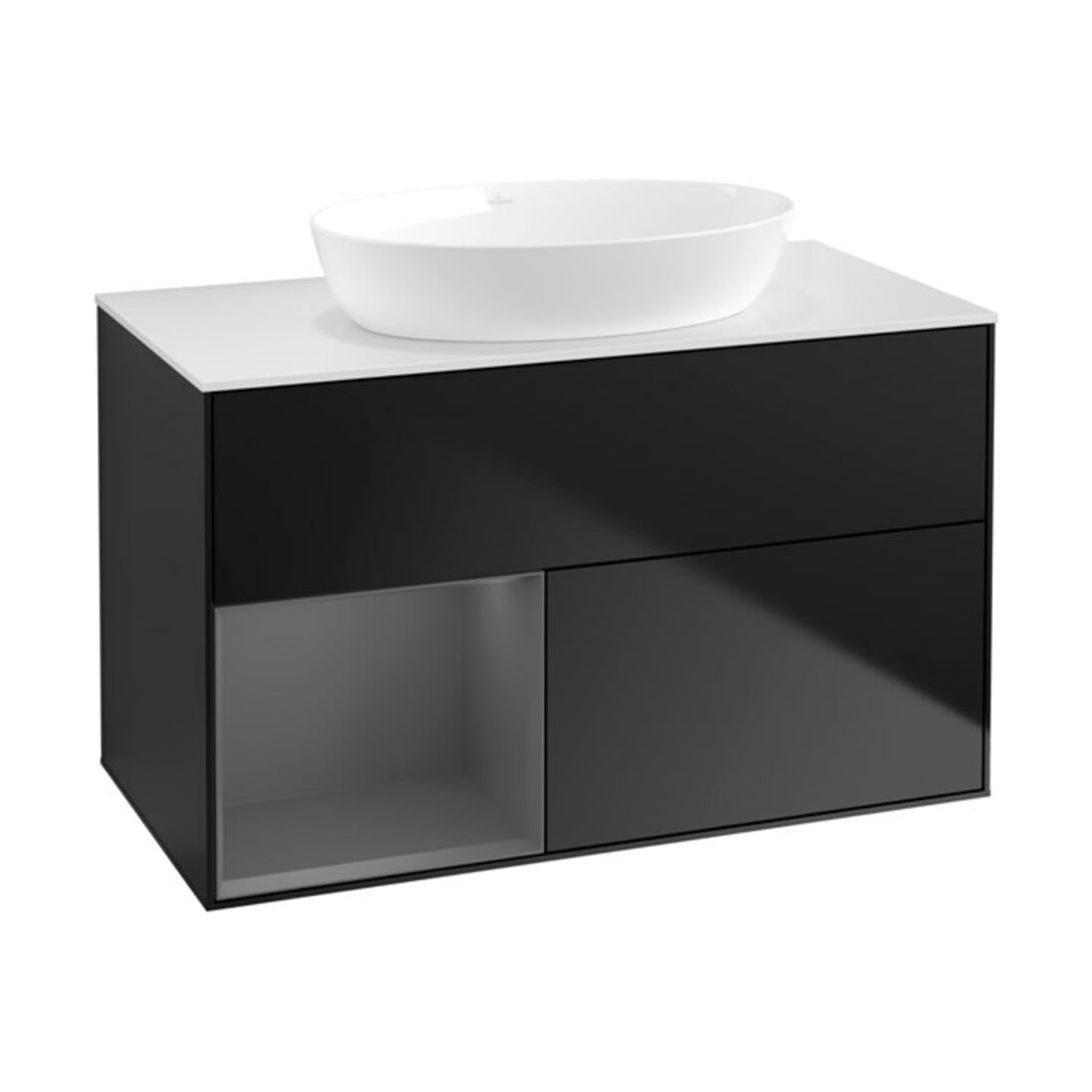 V&B Meuble sous lavabo Finion 100, blanc mat, poignée aluminium laqué, bleu mat laqué
