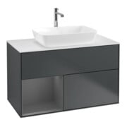 V&B Meuble sous lavabo Finion 100, blanc mat, poignée aluminium mat laqué, miroir bleu mat laqué-1