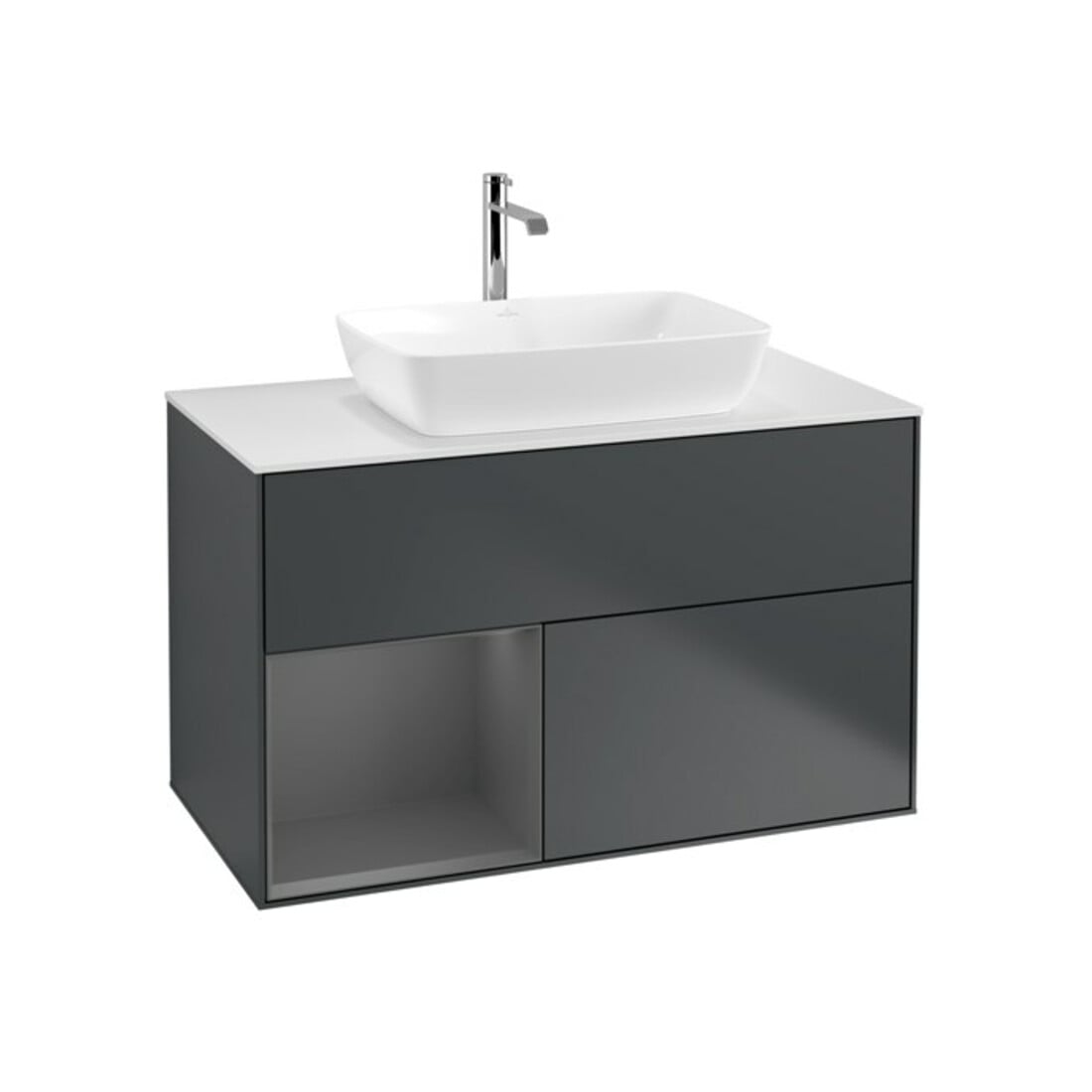 V&B Meuble sous lavabo Finion 100, blanc mat, poignée aluminium mat laqué, miroir bleu mat laqué
