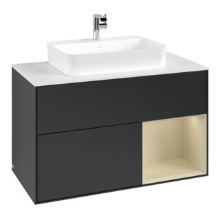 V&B Meuble sous lavabo Finion 100, blanc mat, poignée argent gris mat laqué, bleu mat laqué