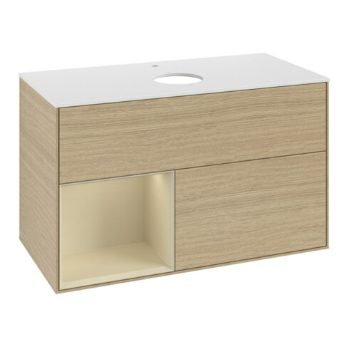 V&B Meuble sous lavabo Finion 100, blanc mat, poignée argent mat, laqué, ouverture ven