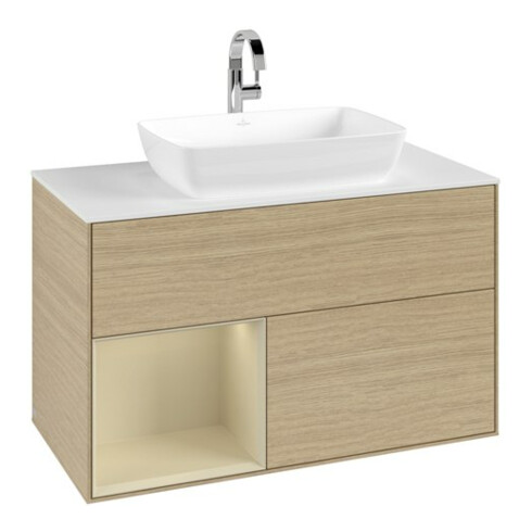 V&B Meuble sous lavabo Finion 100, blanc mat, poignée argent mat, laqué, ouverture ven