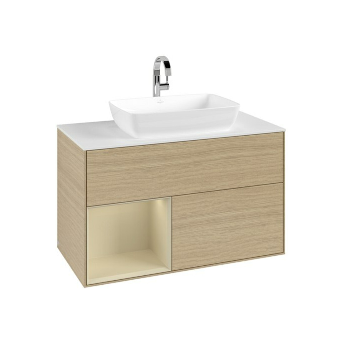 V&B Meuble sous lavabo Finion 100, blanc mat, poignée argent mat, laqué, ouverture ven