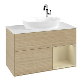 V&B Meuble sous lavabo Finion 100, blanc mat, poignée argent mat, laqué, ouverture ventrale