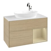 V&B Meuble sous lavabo Finion 100, blanc mat, poignée argent mat, laqué, ouverture ventrale