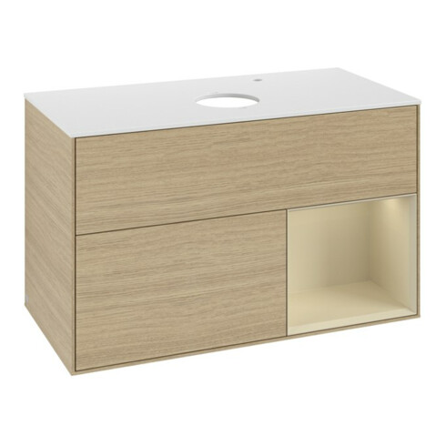 V&B Meuble sous lavabo Finion 100, blanc mat, poignée argent mat, laqué, ouverture ventrale