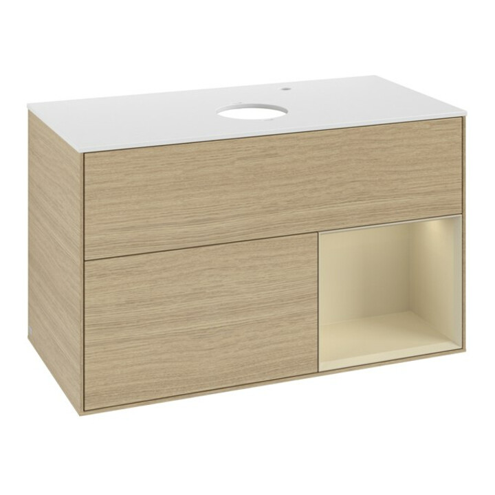 V&B Meuble sous lavabo Finion 100, blanc mat, poignée argent mat, laqué, ouverture ventrale
