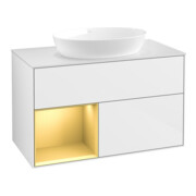 V&B Meuble sous lavabo Finion 100, blanc mat, poignée dorée mate, laqué blanc brillant-1