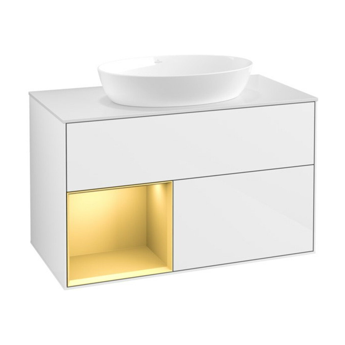 V&B Meuble sous lavabo Finion 100, blanc mat, poignée dorée mate, laqué blanc brillant