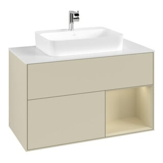 V&B Meuble sous lavabo Finion 100, blanc mat, poignée en argent mat, laqué gris mat