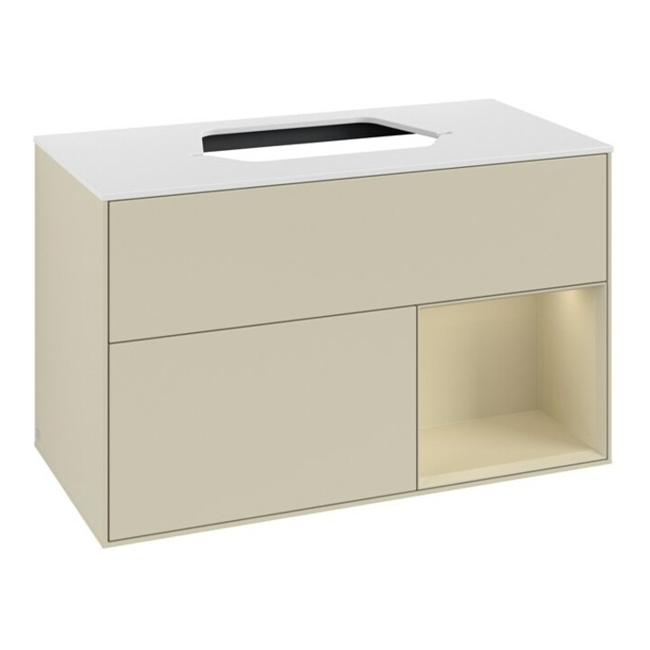 V&B Meuble sous lavabo Finion 100, blanc mat, poignée en argent mat, laqué gris mat