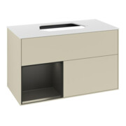 V&B Meuble sous lavabo Finion 100, blanc mat, poignée gauche bleu mat laqué, gris mat laqué