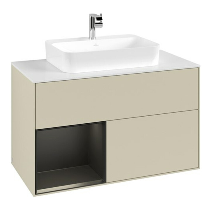 V&B Meuble sous lavabo Finion 100, blanc mat, poignée gauche bleu mat laqué, gris mat laqué