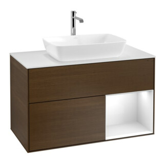 V&B Meuble sous lavabo Finion 100, blanc mat, poignée globale blanc laqué, veinage noyer