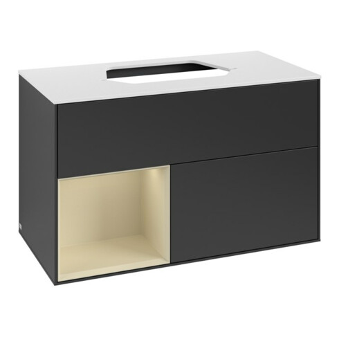 V&B Meuble sous lavabo Finion 100, blanc mat, poignée latérale argent mat, bleu mat