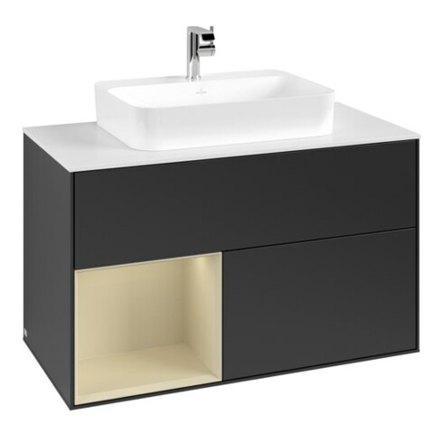 V&B Meuble sous lavabo Finion 100, blanc mat, poignée latérale argent mat, bleu mat