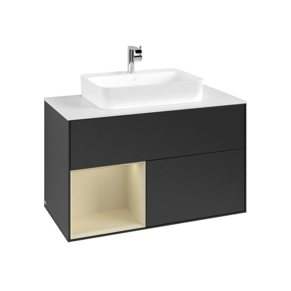 V&B Meuble sous lavabo Finion 100, blanc mat, poignée latérale argent mat, bleu mat