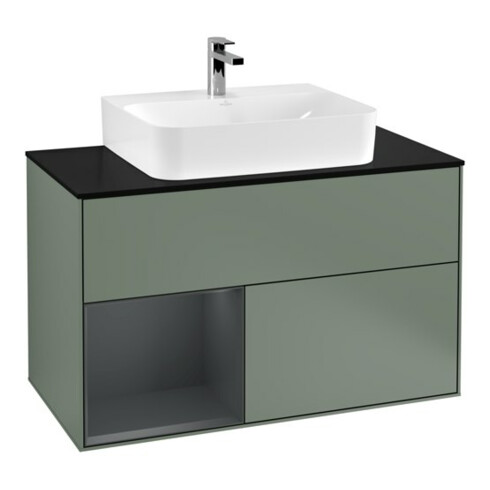 V&B Meuble sous lavabo Finion 100, blanc mat, poignée latérale médiane, laqué, olivier mat laqué