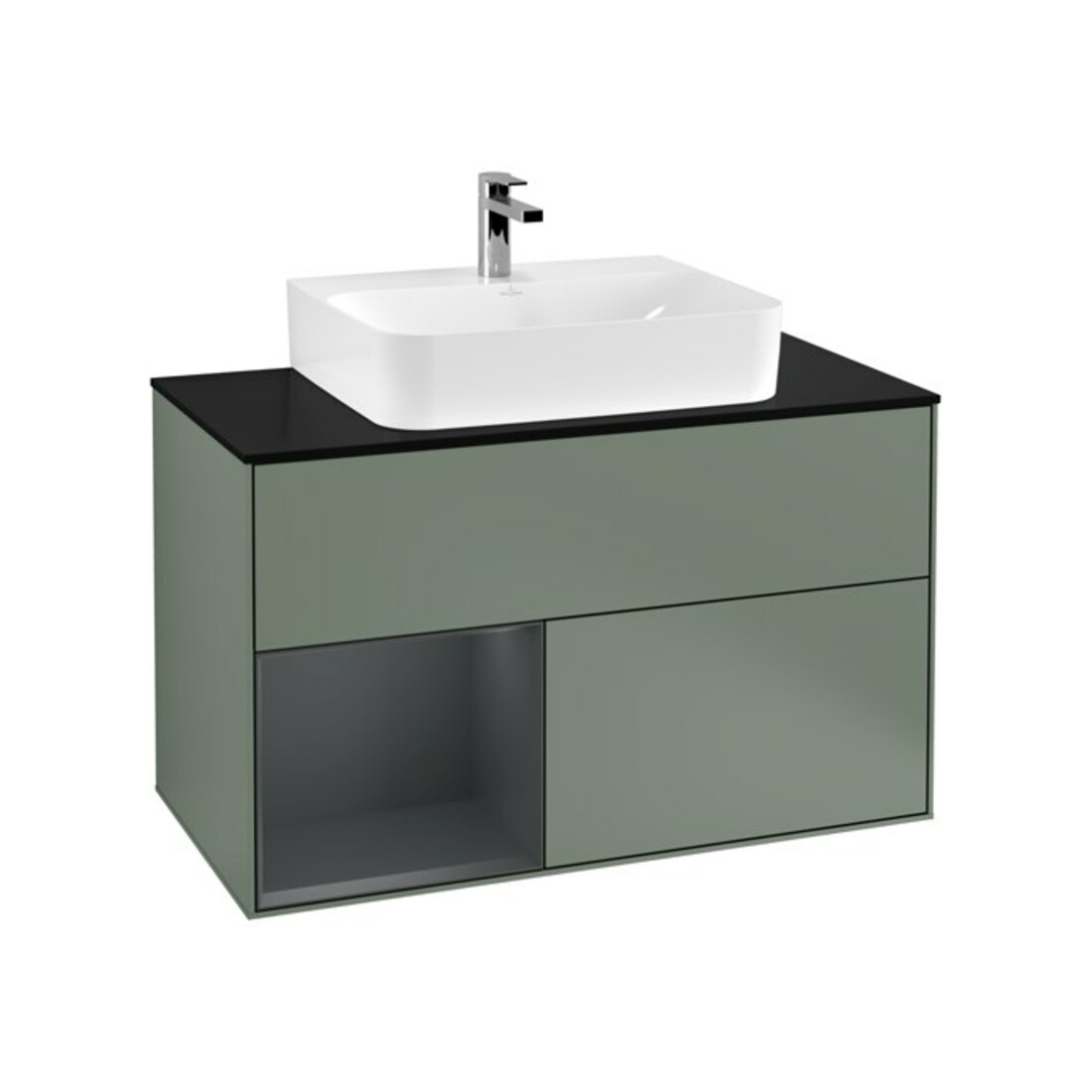 V&B Meuble sous lavabo Finion 100, blanc mat, poignée latérale médiane, laqué, olivier mat laqué