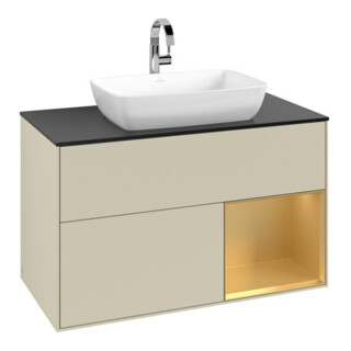 V&B Meuble sous lavabo Finion 100, blanc mat, poignée or mat, gris brillant mat