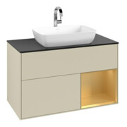 V&B Meuble sous lavabo Finion 100, blanc mat, poignée or mat, gris brillant mat
