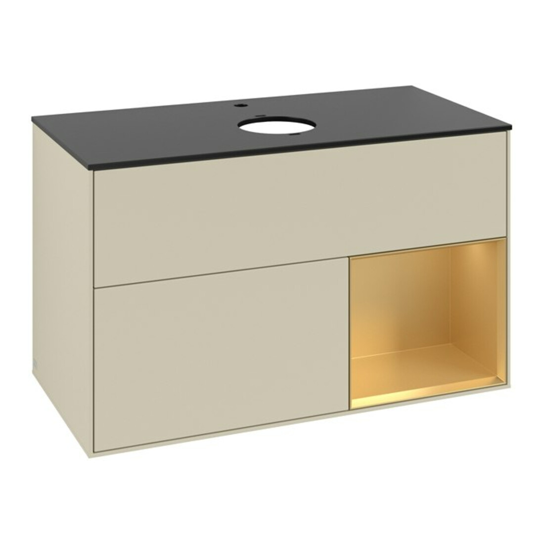 V&B Meuble sous lavabo Finion 100, blanc mat, poignée or mat, gris brillant mat